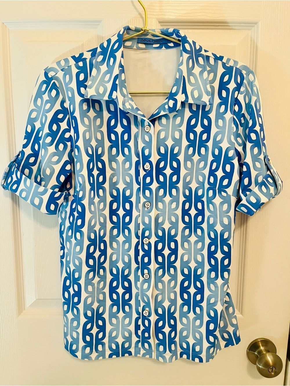 J.McLaughlin Blue & White Geometric Print Button Front Blouse - Picture 2 of 12